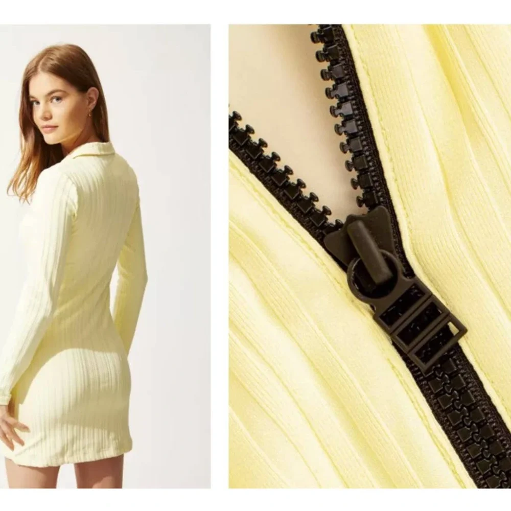Solid & Striped Long Sleeve Ribbed Polo Zip Up Dress Mini In Blonde Rib NEW $198